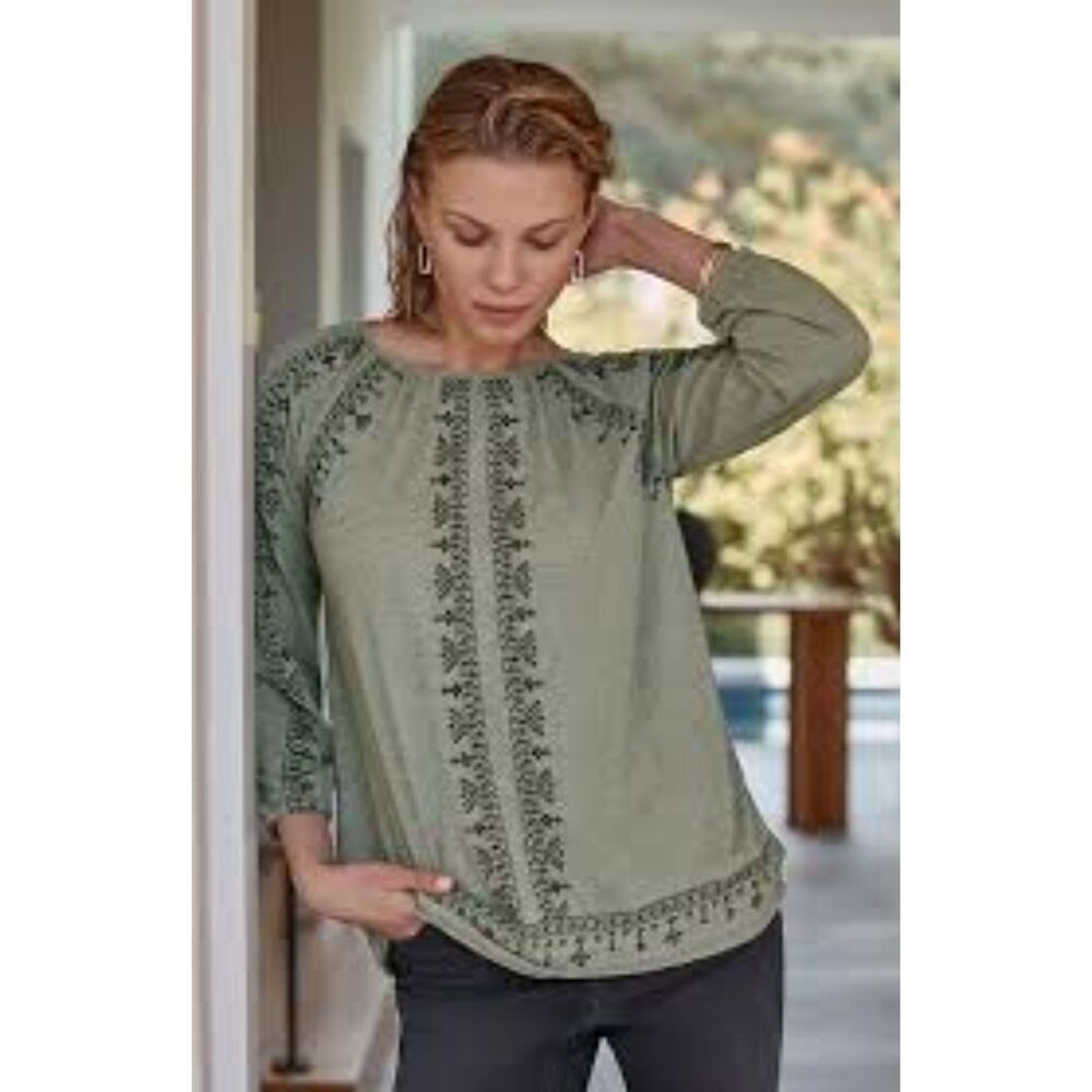 J Jill Pure Sz Lg Top Peasant Hippie Boho Embroidery Raglan Sleeve A Line Sage